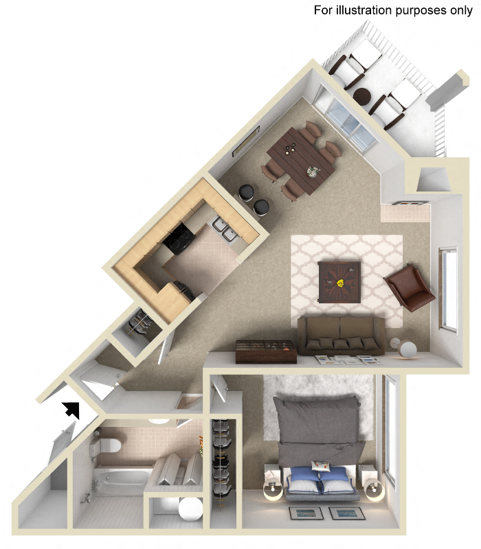 Floor plan for 1 bed, 1 bath, 697 sqft